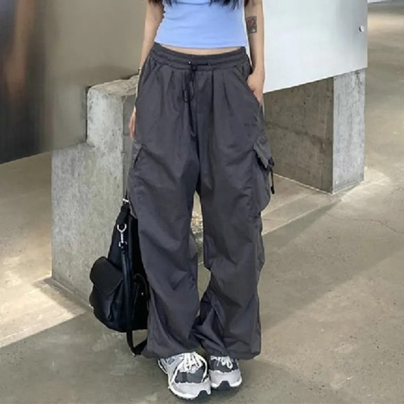 So Cute Pants - Women Cargo Pants Capris Y2K Medium M Gray Elastic Waist High Rise Drawstring